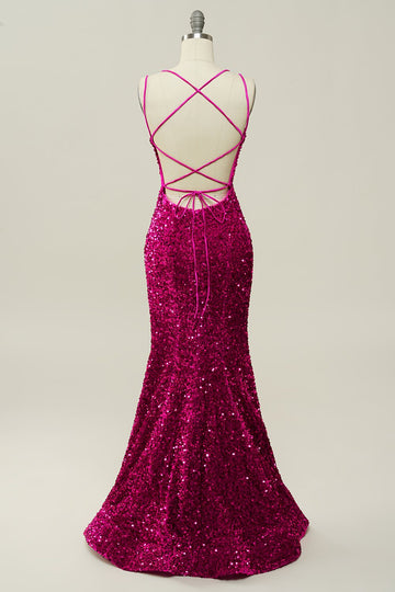 Fucsia  Lentejuelas Tirantes de Espagueti Sirena Vestido de Fiesta